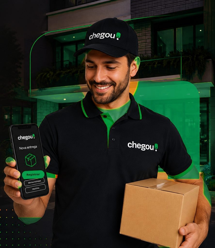 Entregador de boné e camisa do Chegou! segurando uma encomenda e mostrando o app de nova entrega no celular, em frente a um condomínio