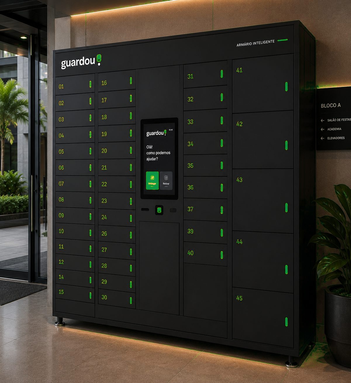 Armário inteligente Guardou! instalado no hall de um condomínio: gabinete preto com portas numeradas, puxadores verdes e telinha central de entrega e retirada